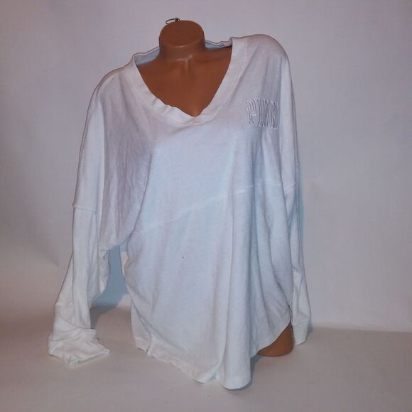 Victoria Secret PINK Sweater XL Terry Cloth Logo White Solid Long Sleeve V Neck - Picture 2 of 9